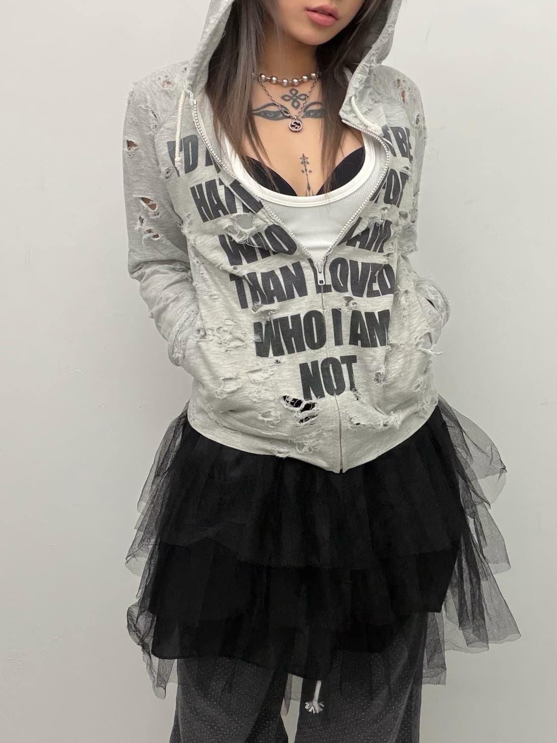 그레이 레터링 디스트레스 후드집업 상품이미지3