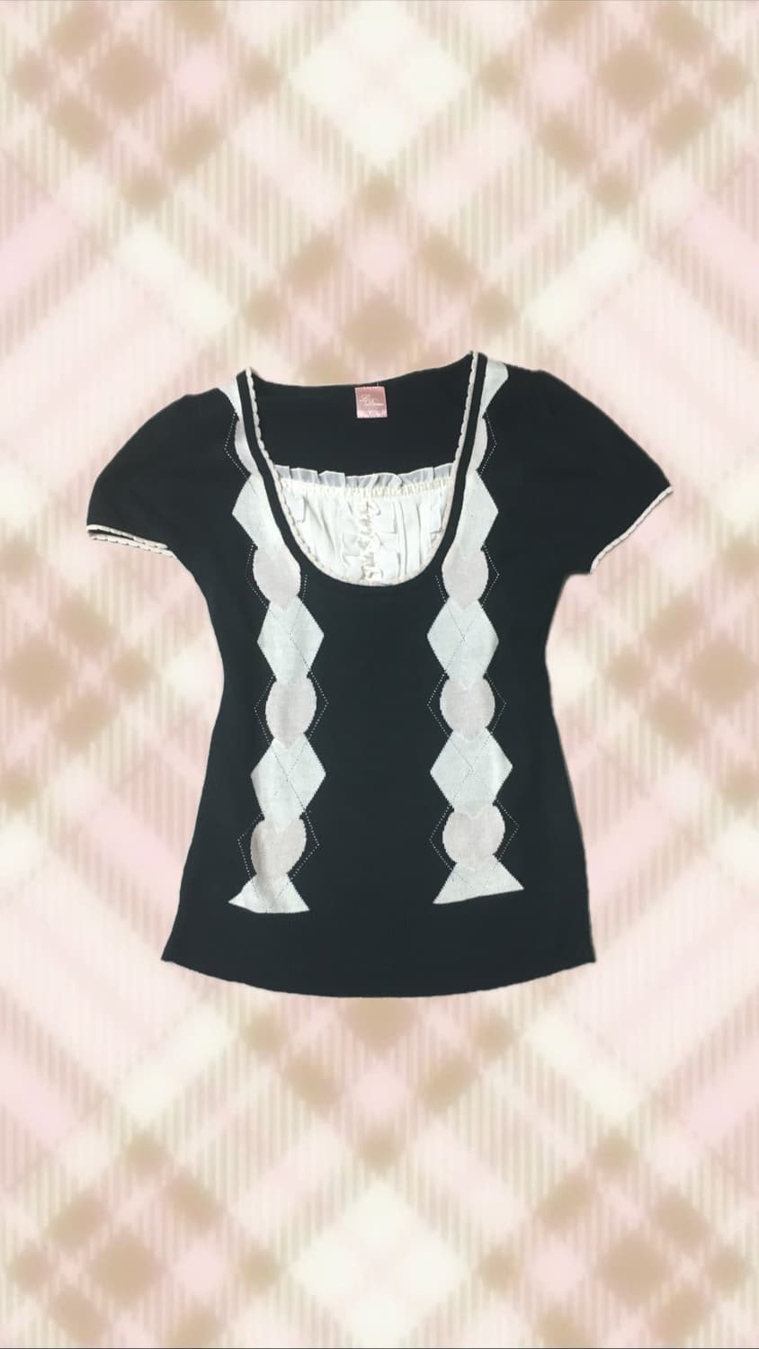 블랙 핑크 리본 아가일 니트 레이스 로걀탑 라떼 히메 갸루 러블리 상품이미지1