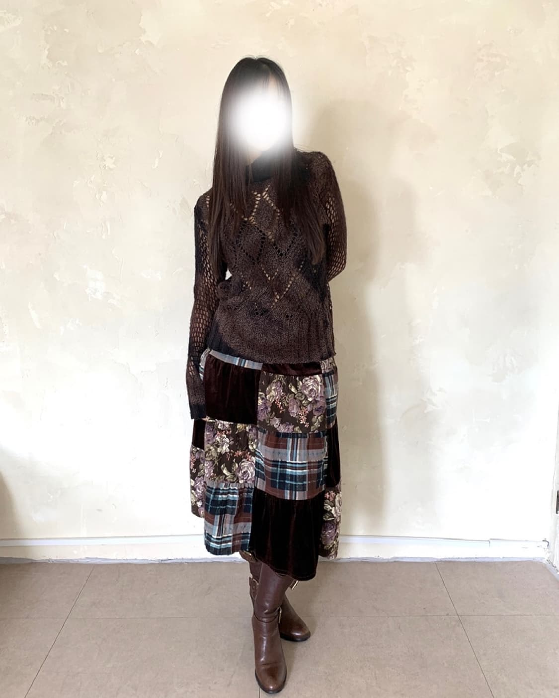 Brown velvet patchwork midi skirt 상품이미지10