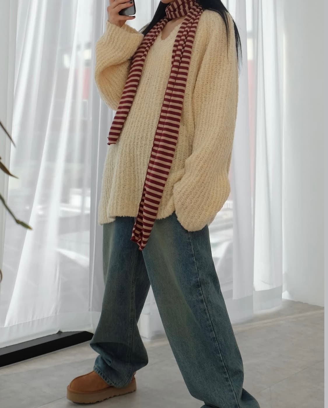 서울베이스드 와인/레드/빨강 줄무늬 면 목도리 스카프 상품이미지2