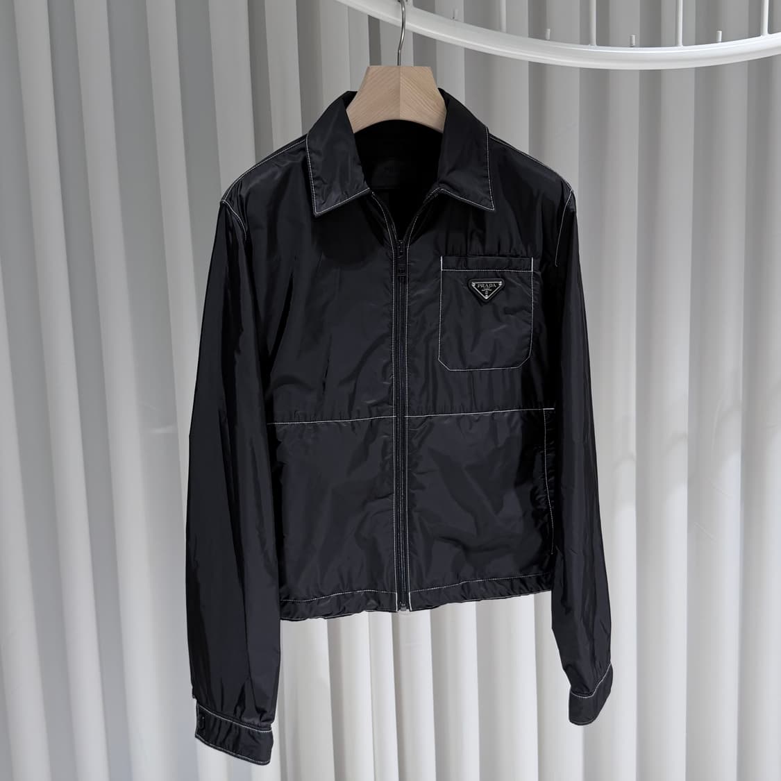 (S+/46) / 프라다 리나일론 삼각로고 스티치 집업 셔츠 자켓 블랙 상품이미지3