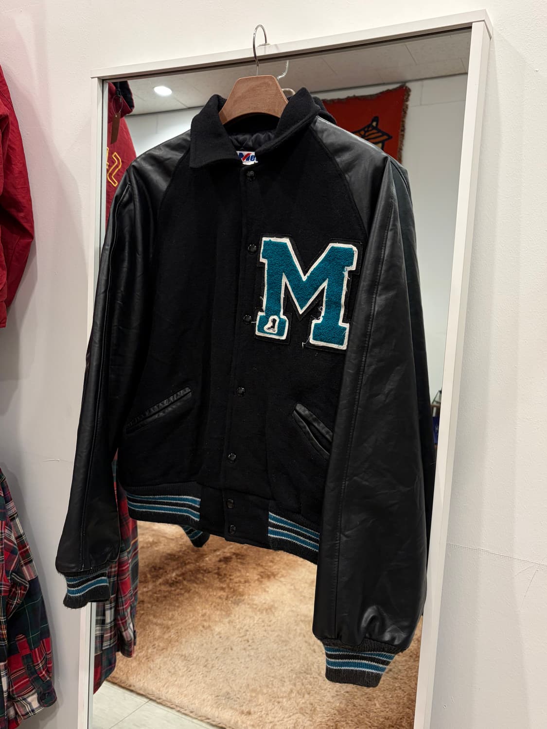 90s Meca 빈티지 멜톤 울 리얼레더 바시티 자켓 (USA) 상품이미지1