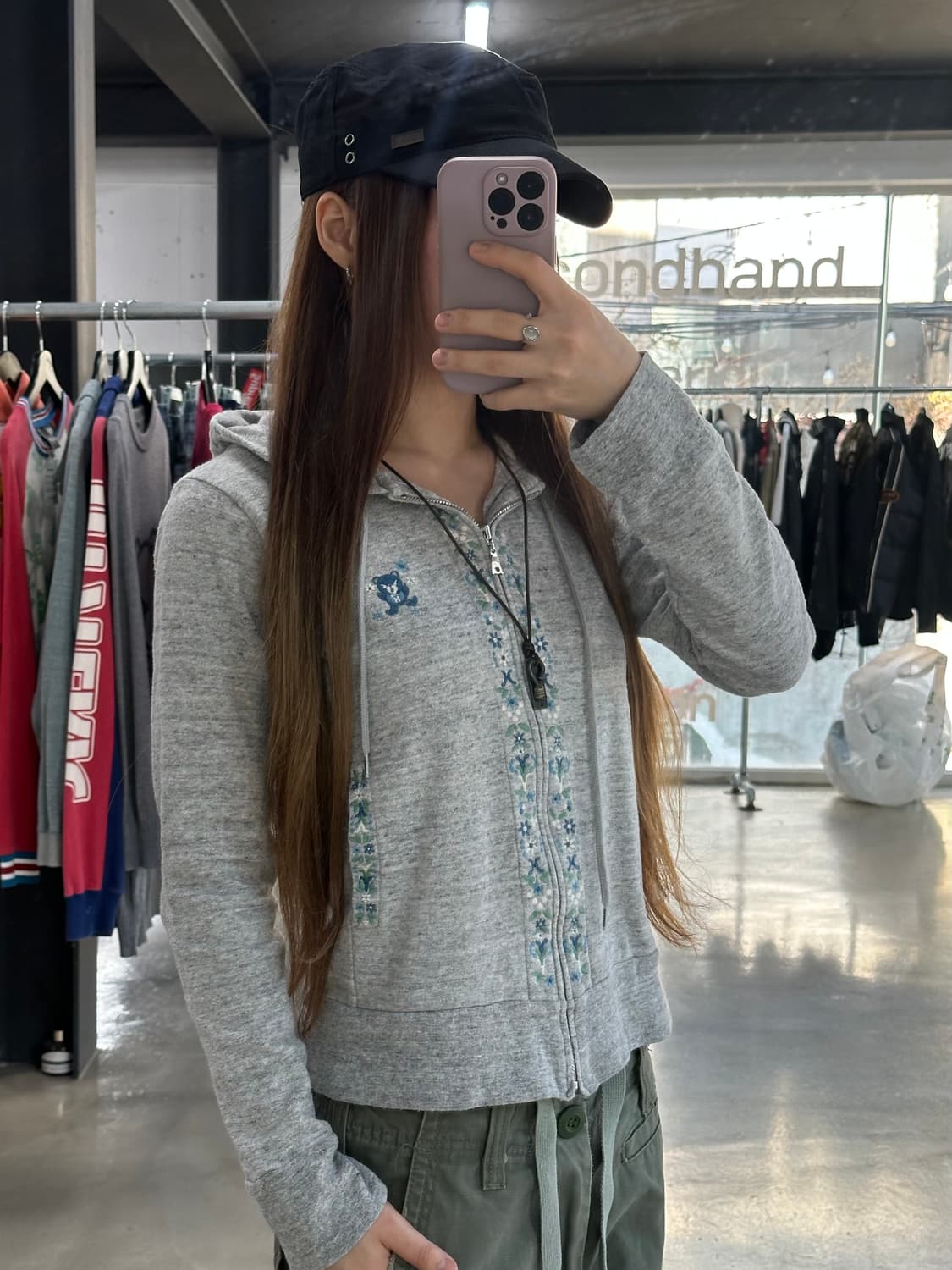 히스테릭글래머 퍽베어 플라워 자수 후드집업 상품이미지3