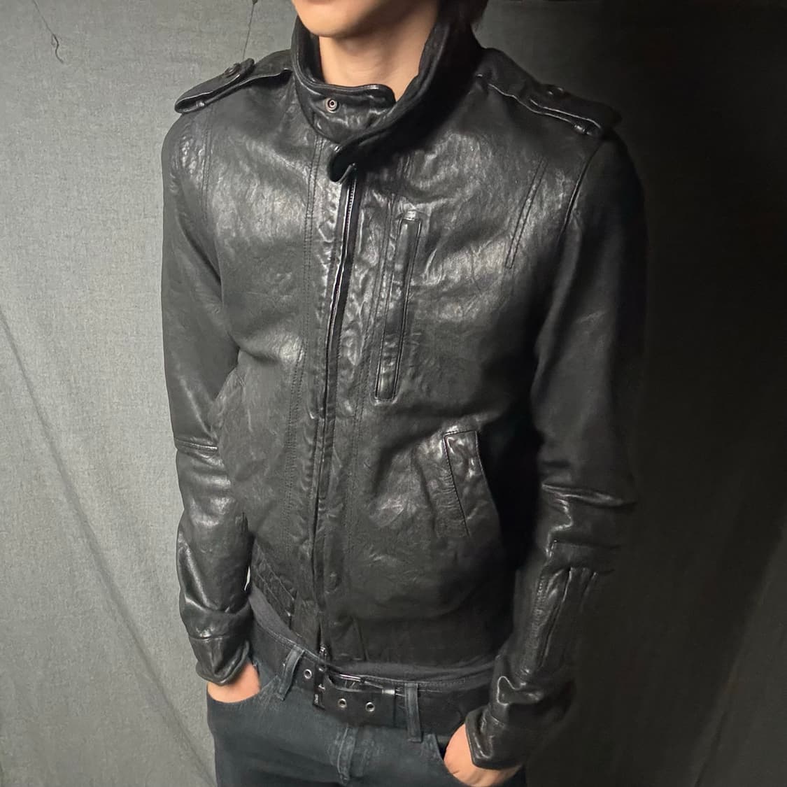 high neck lamb skin leather jacket 상품이미지4