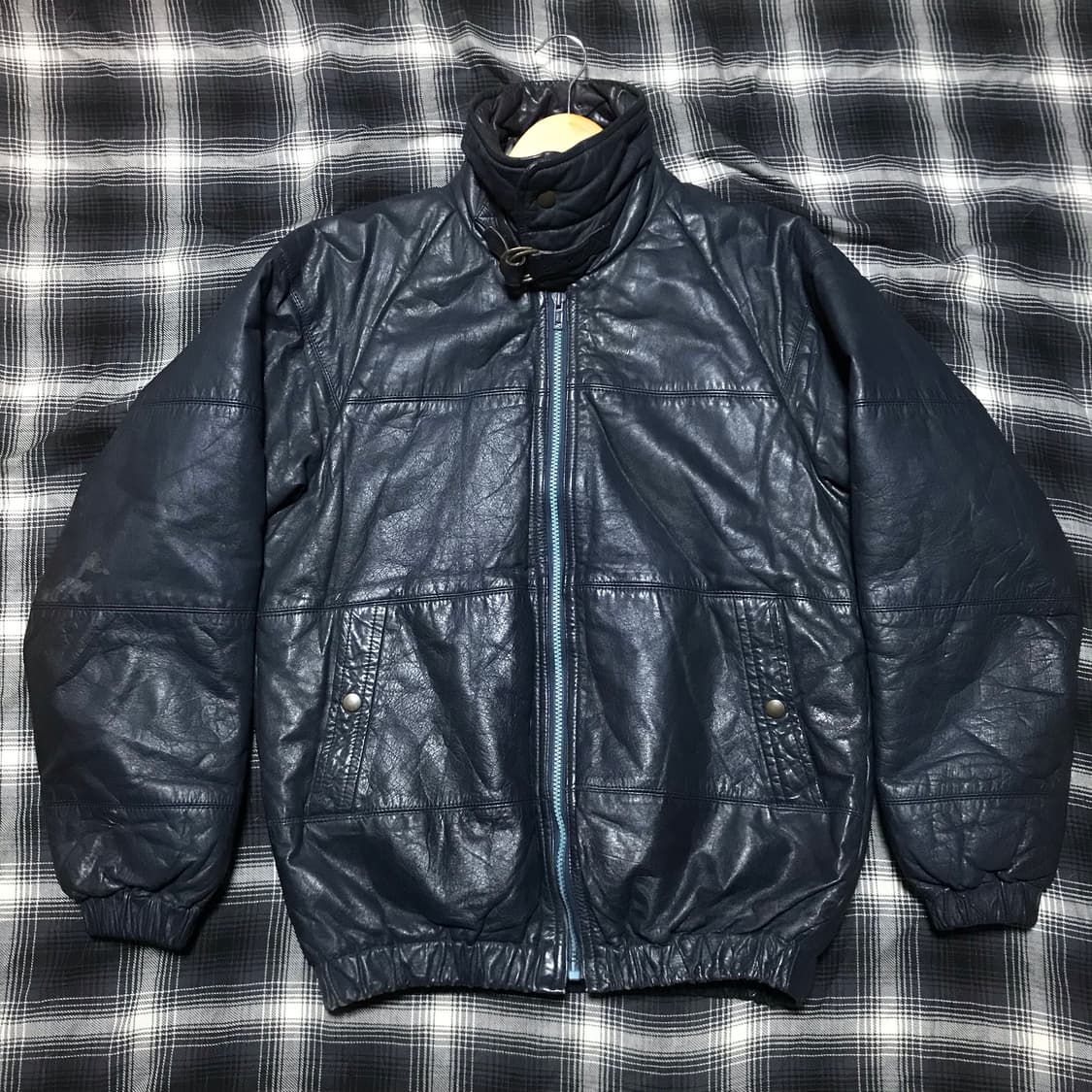 80s 재팬 블루 블랙 리얼레더 가죽 패딩 상품이미지1
