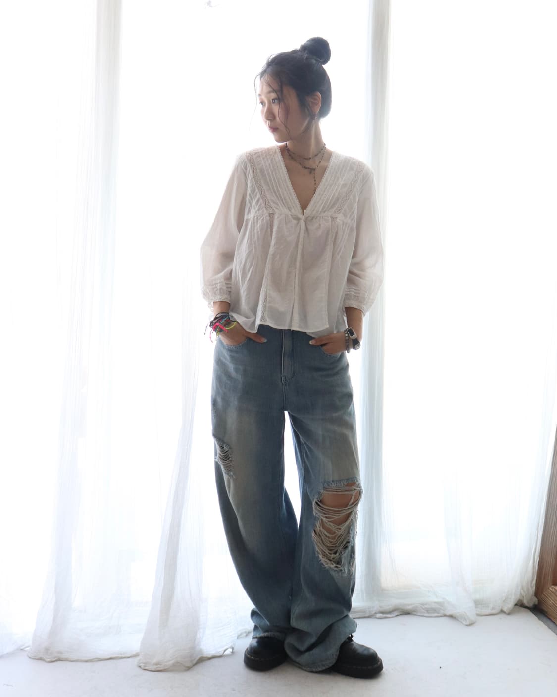 [Beams Boy] White Pintuck Lace Blouse 상품이미지2