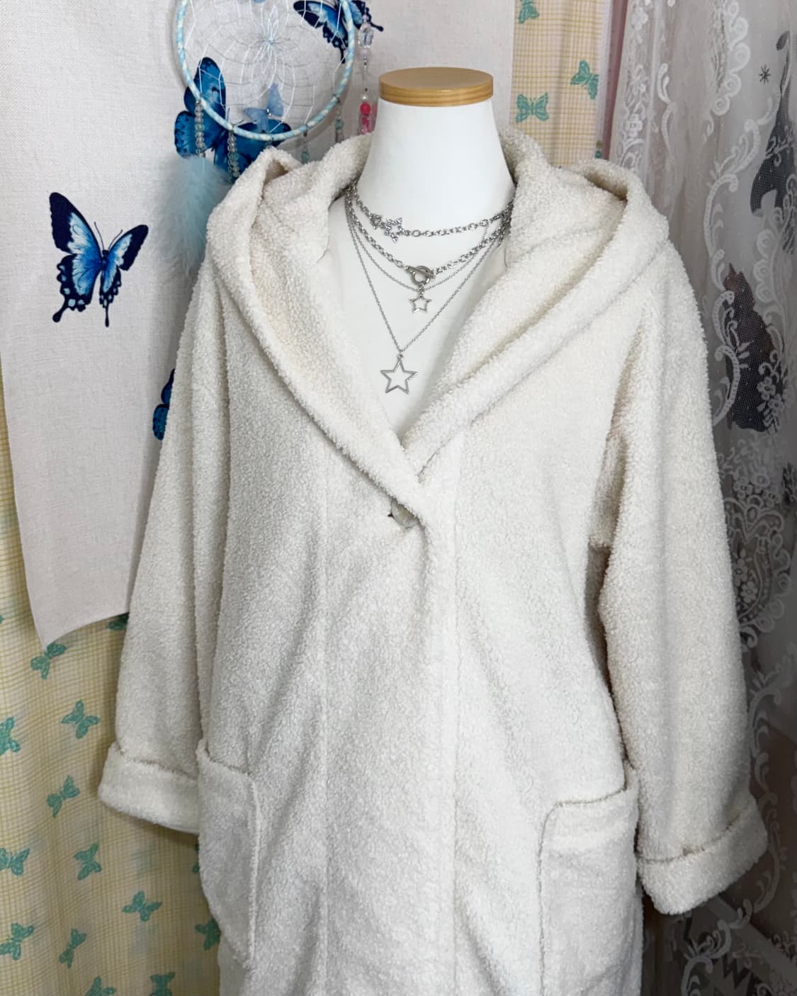 아이보리 뽀글이 후드 롱 코트 상품이미지6