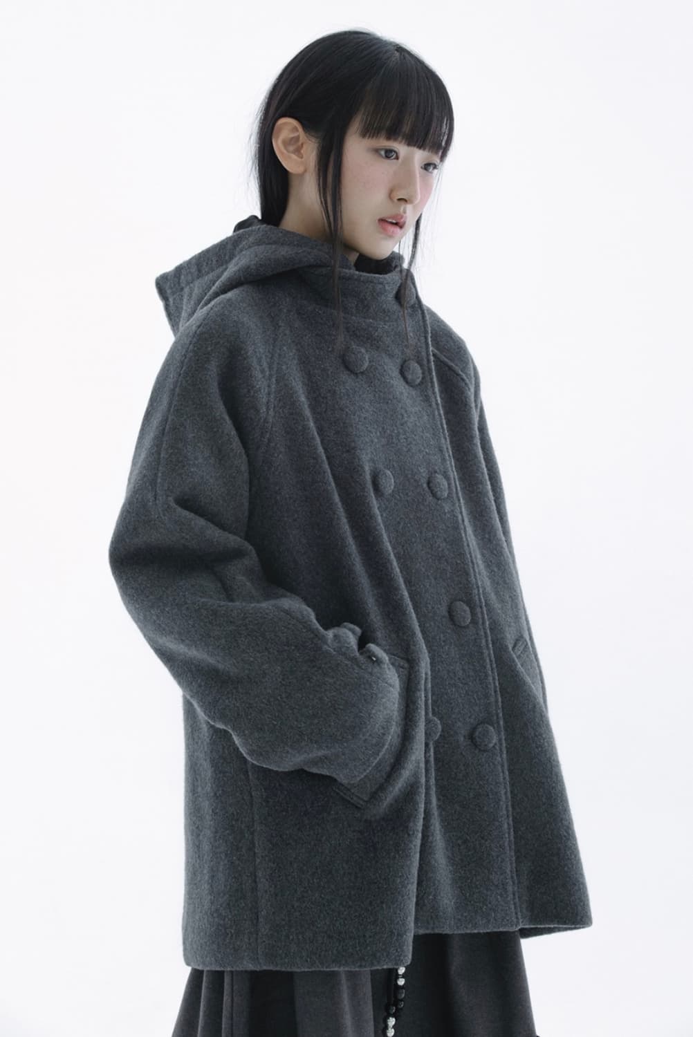 hugyourskin 허그유어스킨 후디드 하프 코트 차콜 새상품  상품이미지4