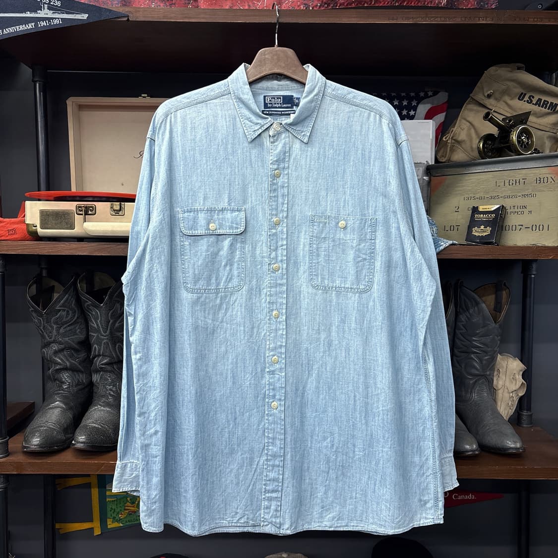 90s 폴로 랄프로렌 뉴 덩가리 샴브레이 워크셔츠 캣아이버튼 N1083 상품이미지1