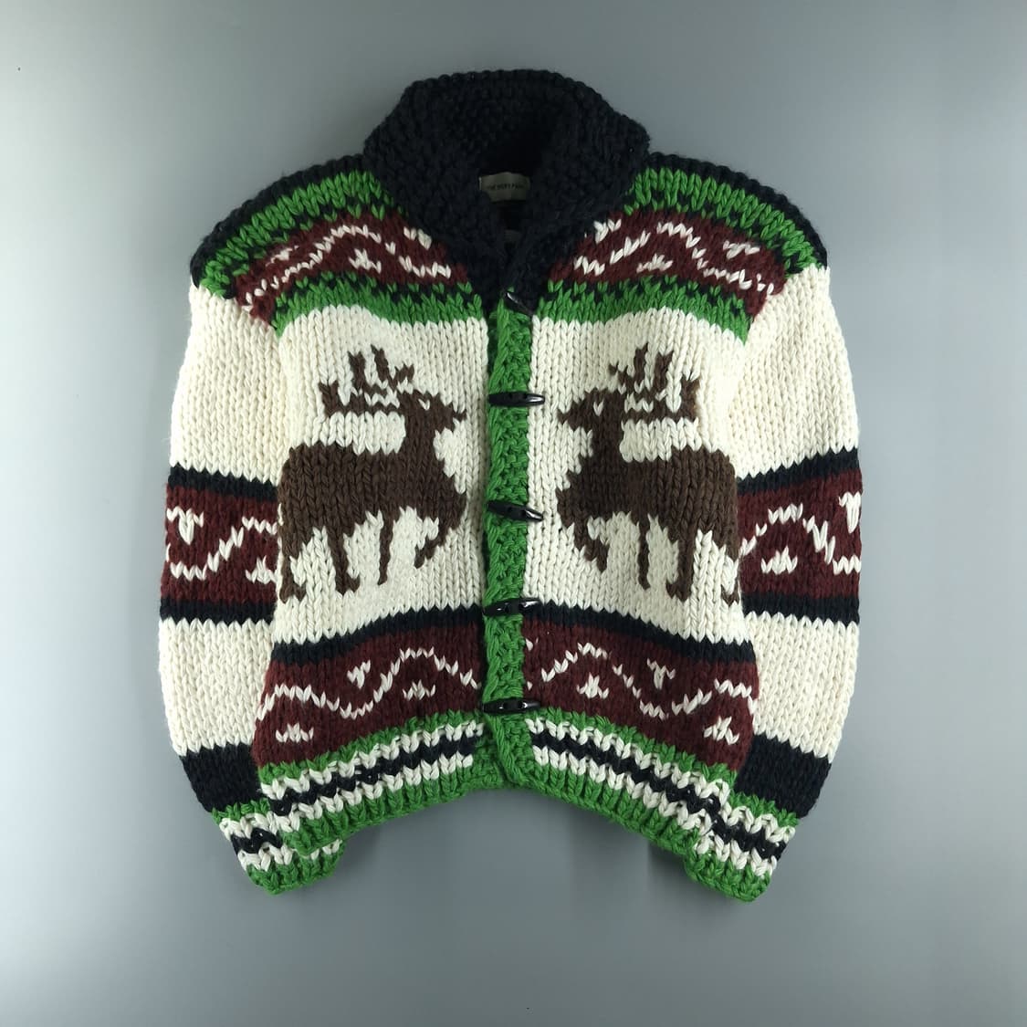 빈티지 아이보리 그린 멀티컬러 노르딕 패턴 숄카라 코위찬 니트 가디건 상품이미지3