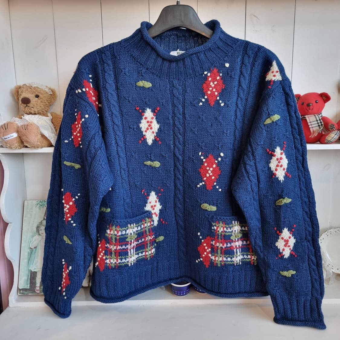 빈티지 니트  블루 체크포켓 상품이미지1