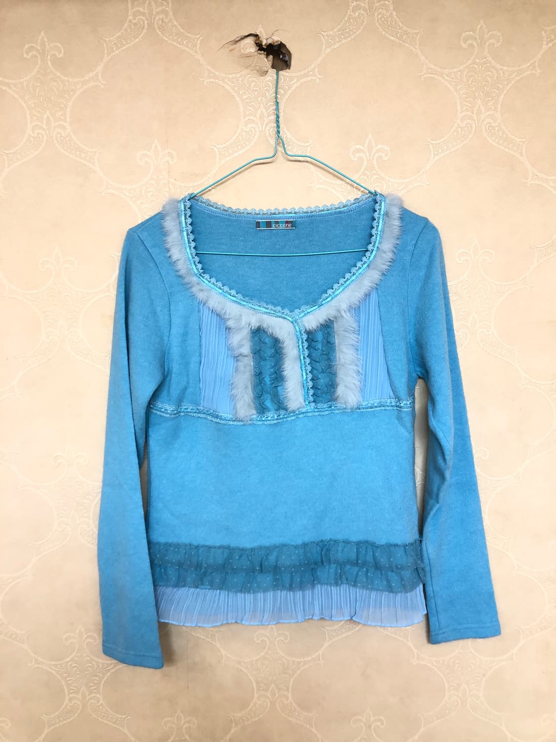 SkyBlue Lace Trimming Fur Sleeve 상품이미지5