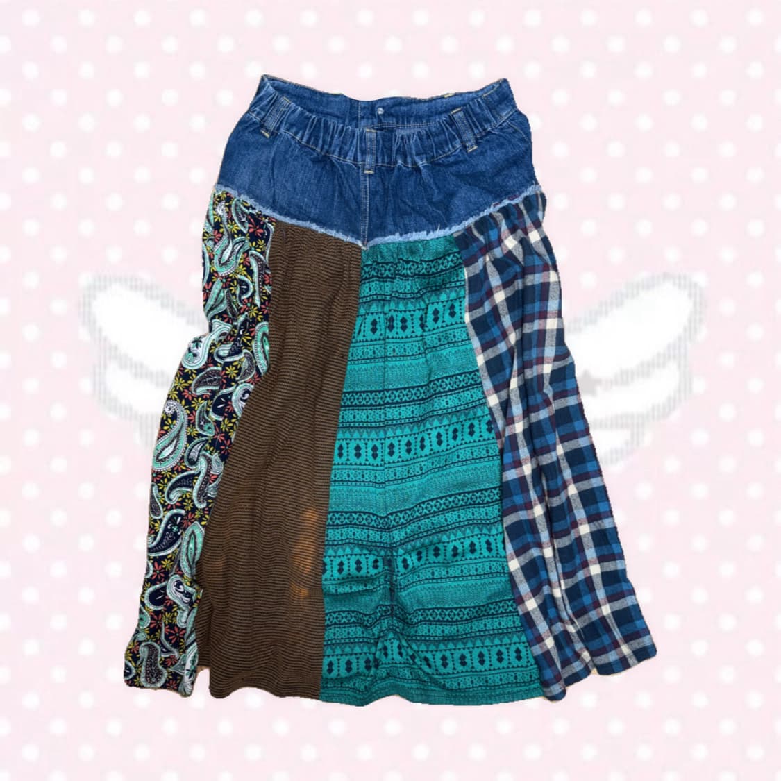 모리걸 하구미 패치스커트 패치워크 데님 플란넬 롱스커트 상품이미지3