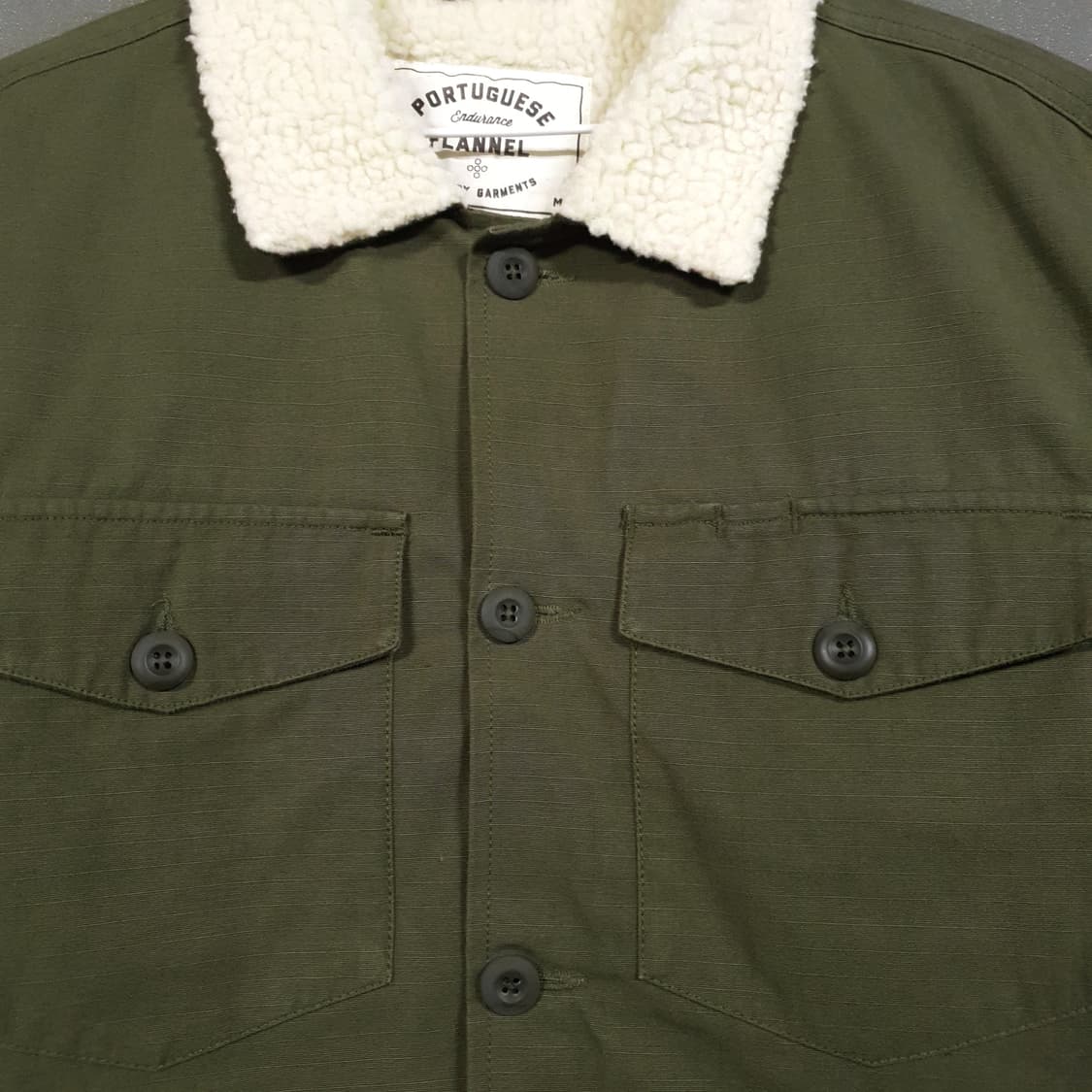 실측 L) 포르투기스 플란넬 쉐르파 포켓 아미 워크 자켓 올리브 립스탑 상품이미지2