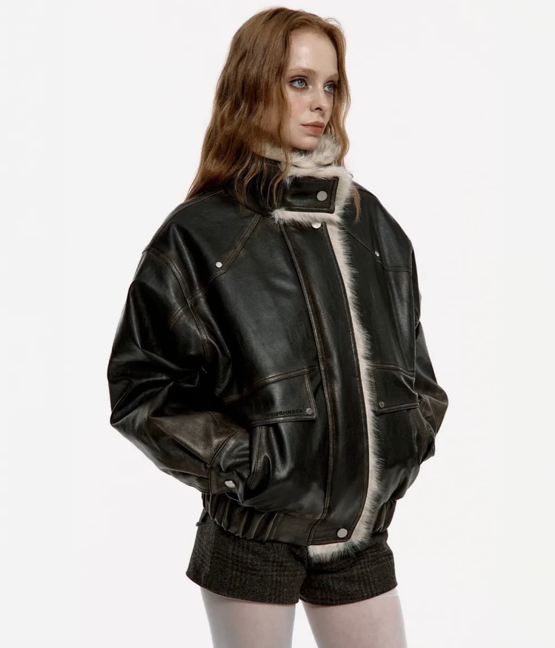 러프넥 워싱 레더 무스탕 자켓 M 상품이미지2