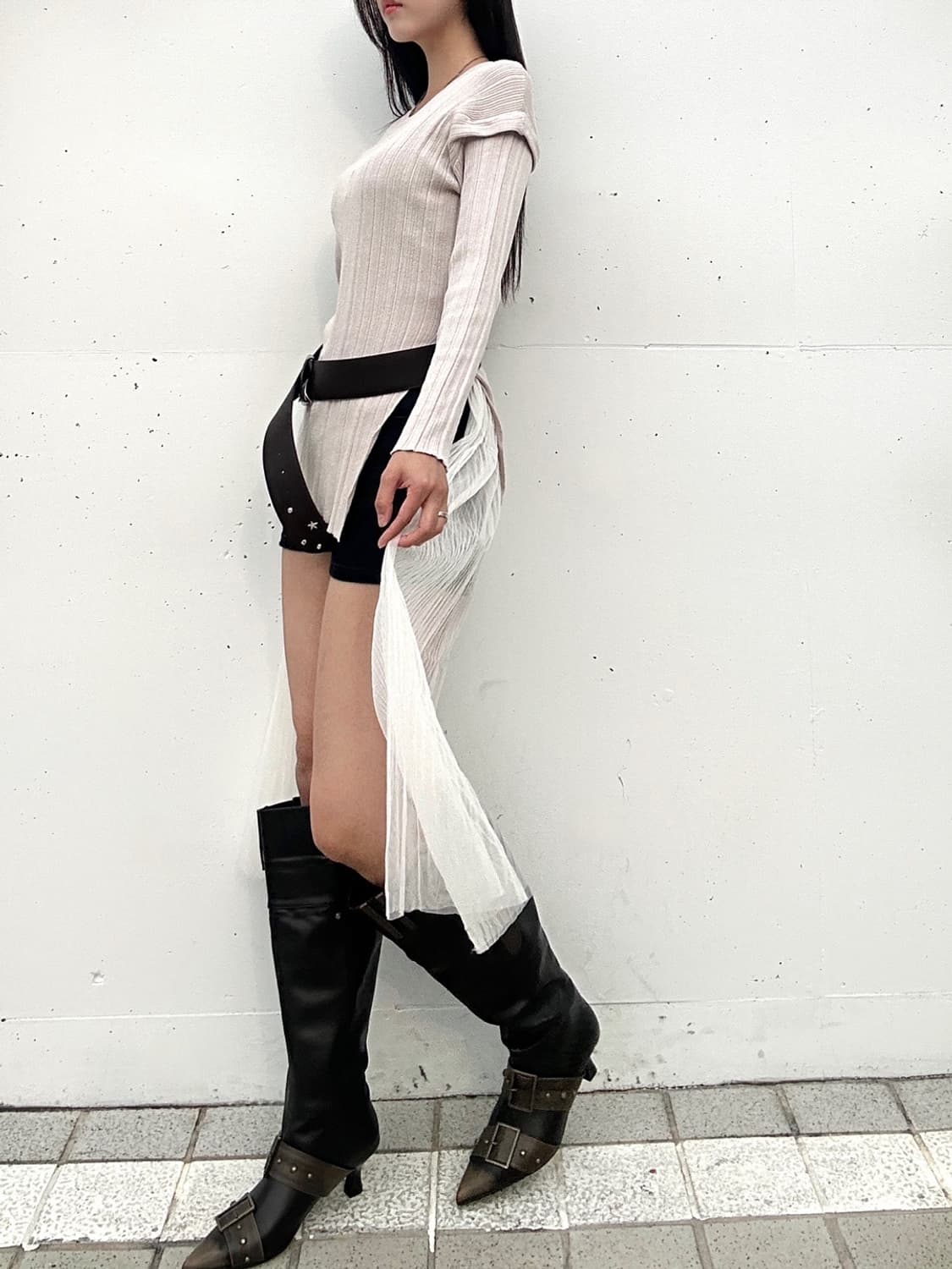 Ribbed open slim knit / beige 상품이미지2