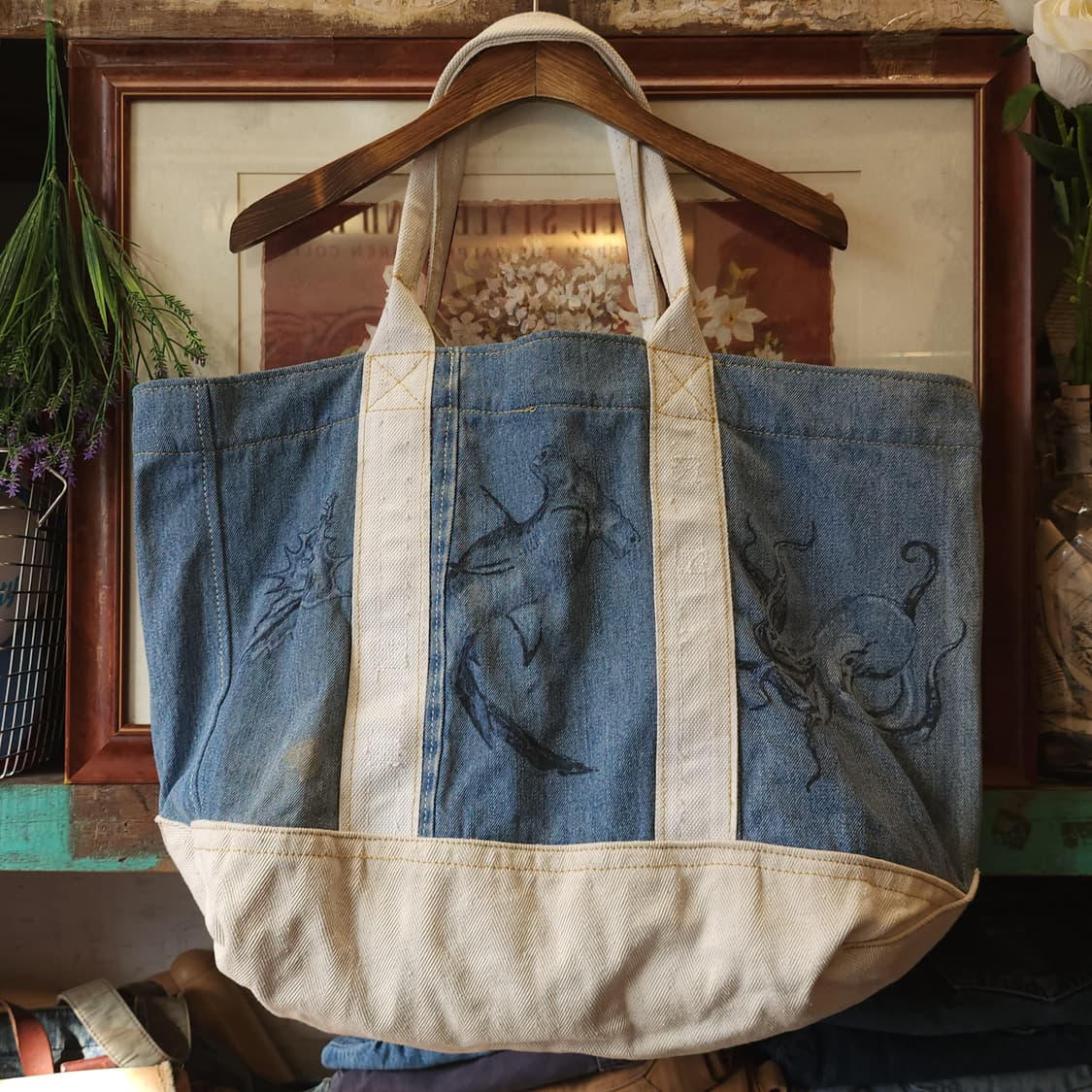 핸드 드로잉 빅토트 캔버스 데님 토트백 빈티지 더플백 리메이크 상어 상품이미지2