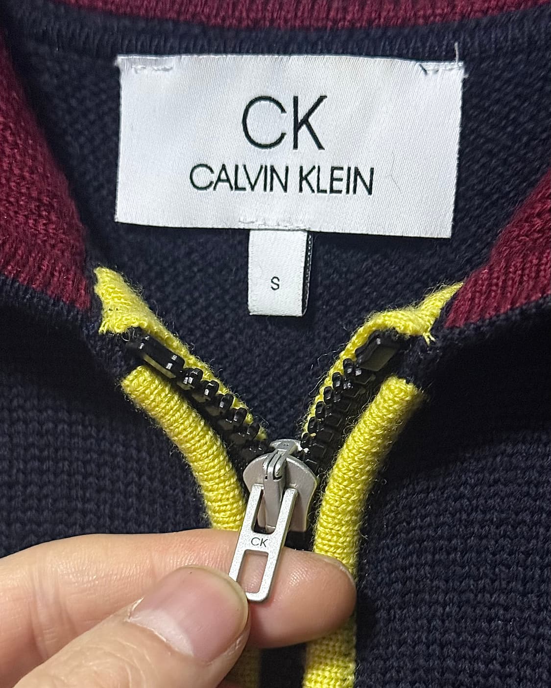 CK 캘빈클라인 울 니트 후드 집업 배색 버건디 노랑 옐로우 남색 네이비 상품이미지5