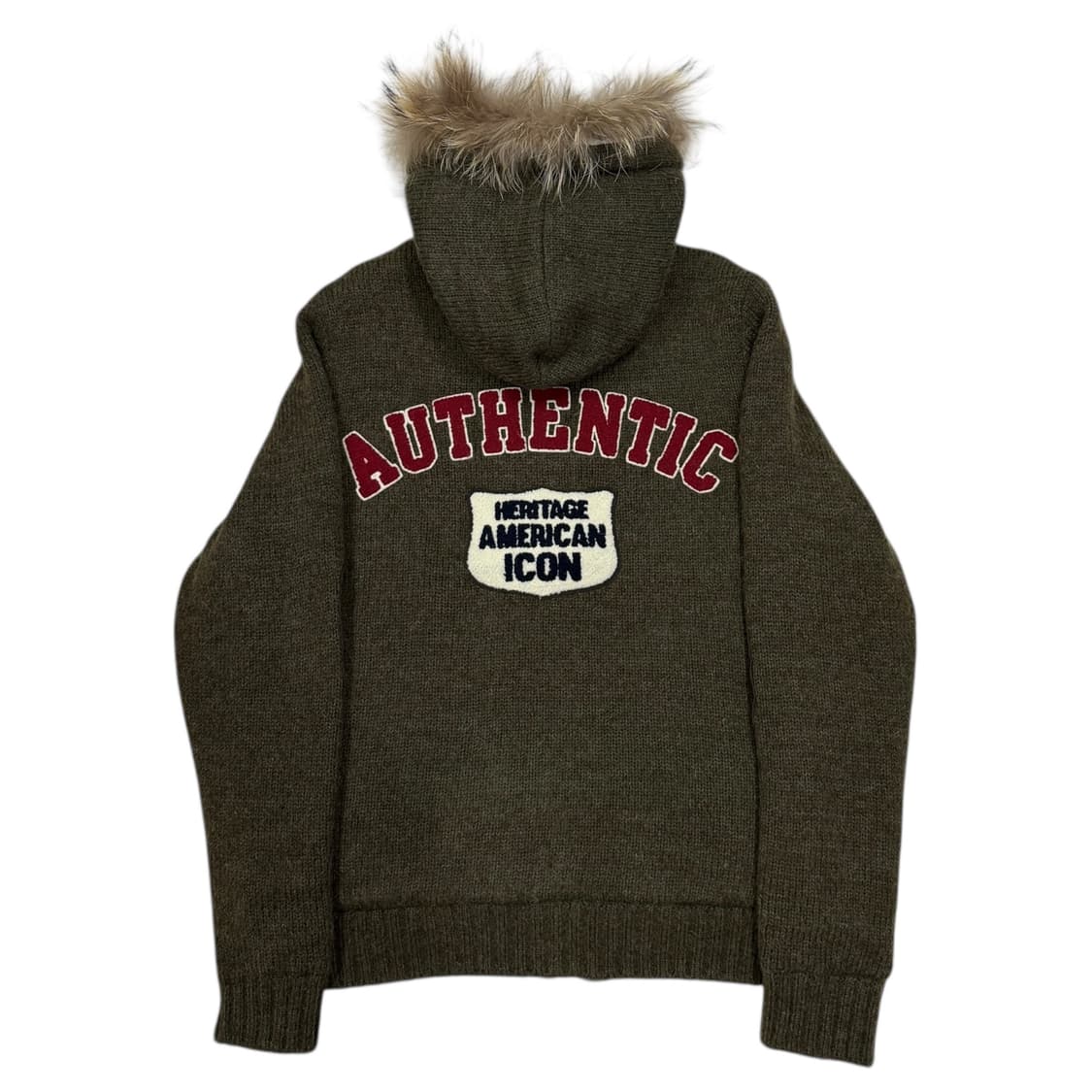 지프 빈티지 Y2K 울 니트 라쿤 퍼 울프죠 후드집업 자켓 카키 XL 상품이미지3