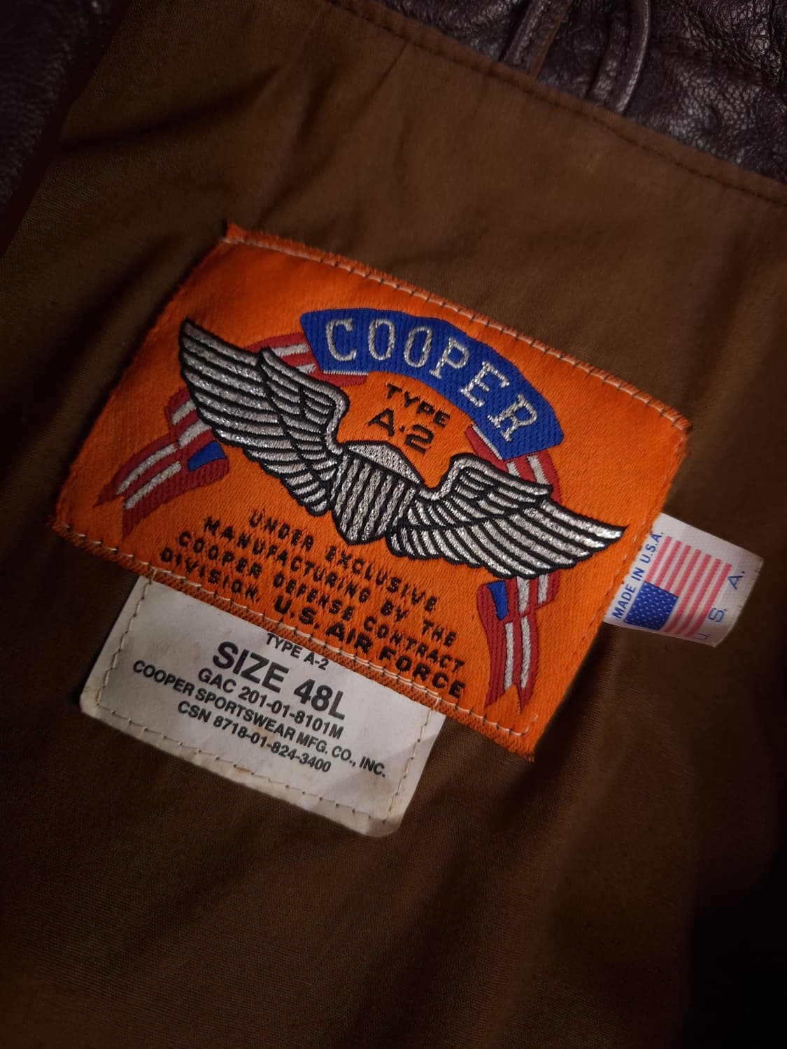 오리지날 미국제조 쿠퍼사 리얼레더 미공군 A-2 항공점퍼 상품이미지2