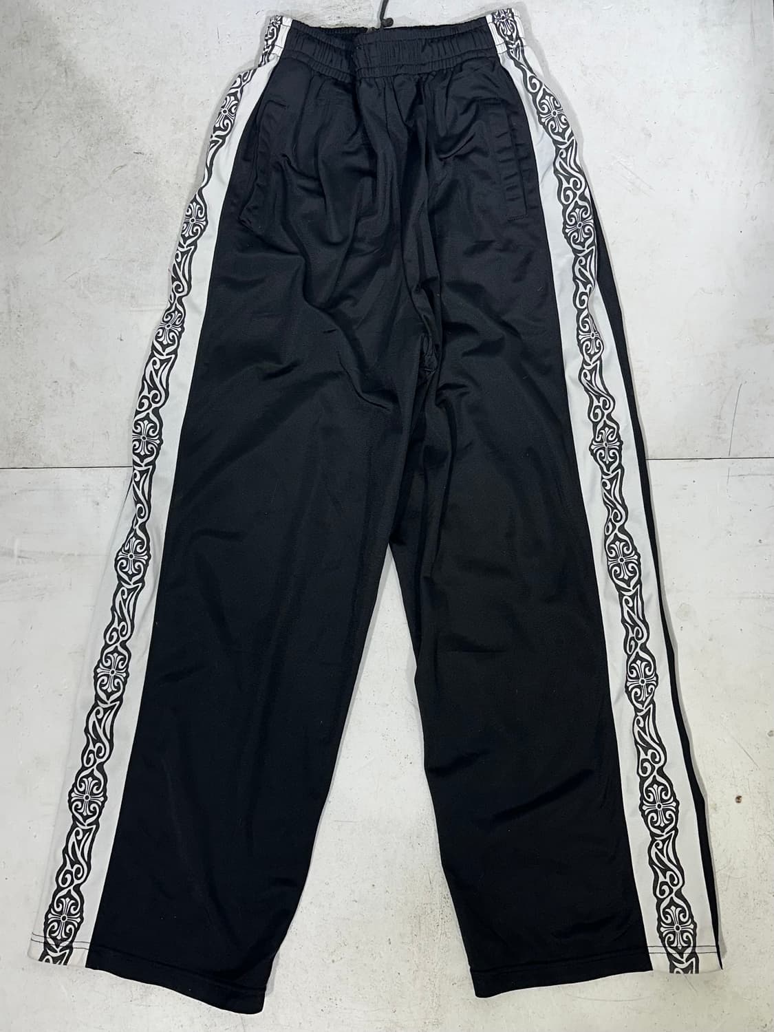 일본 빈티지 블랙 홀 오프 페임 레터링 패턴 와이드 댄스 추리닝 바지 M 상품이미지4