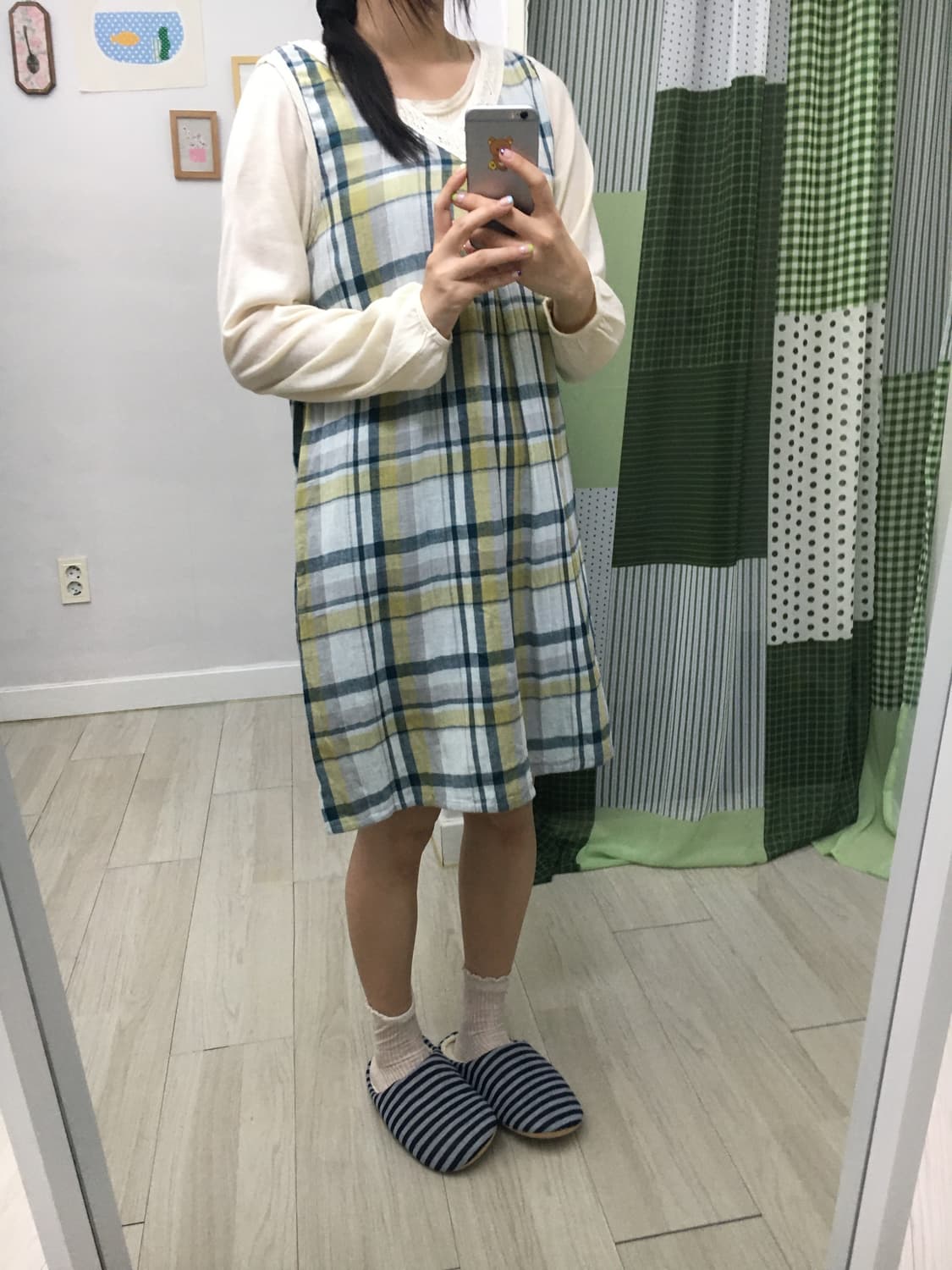 그린 체크 브이넥 원피스 상품이미지4