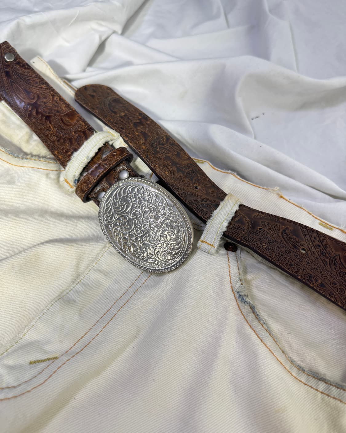 빈티지 페이즐리 패턴 웨스턴 버클 레더 벨트 상품이미지1