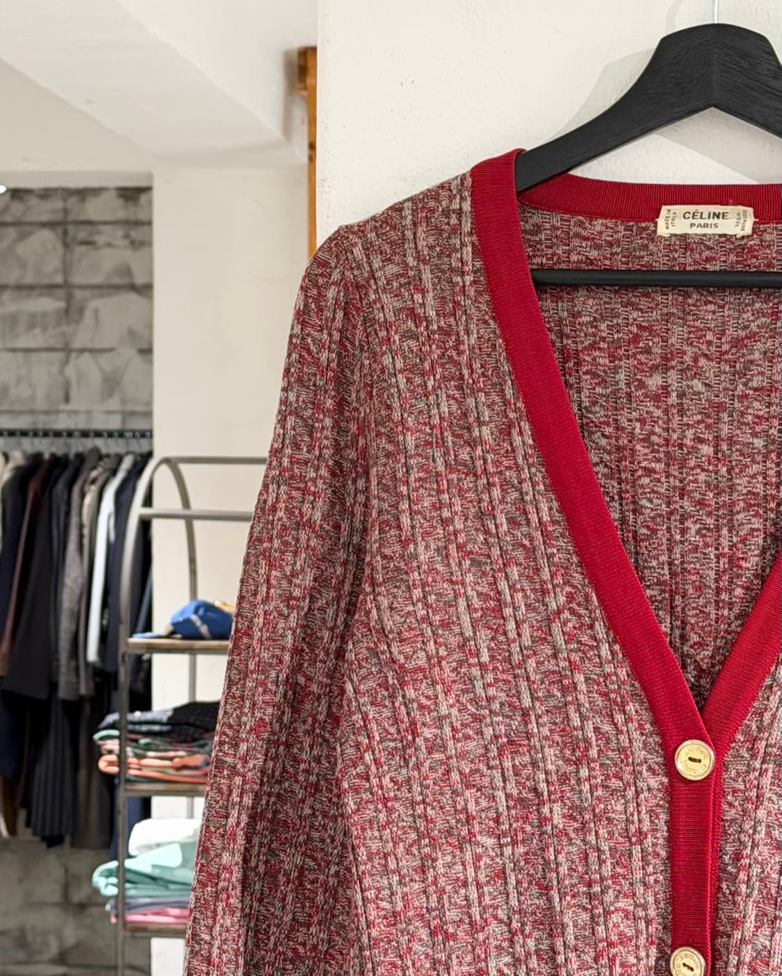 셀린느 레드 퓨어울 금장 버튼 브이넥 가디건 상품이미지2