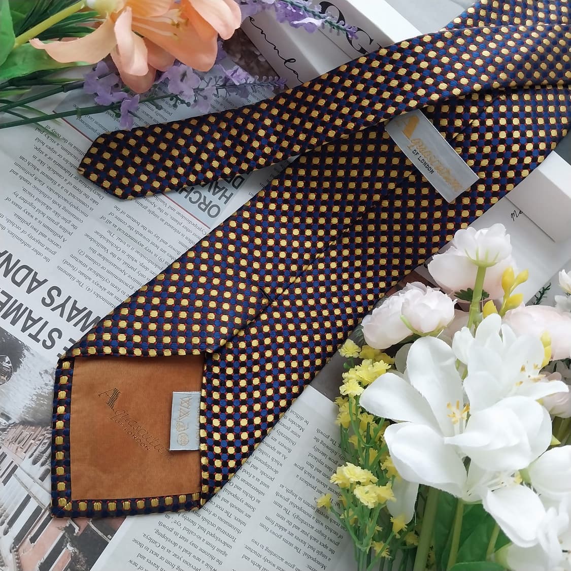 아쿠아스큐텀 실크 네이비 체크 도트 넥타이 9.3cm A+등급 K1215 상품이미지4