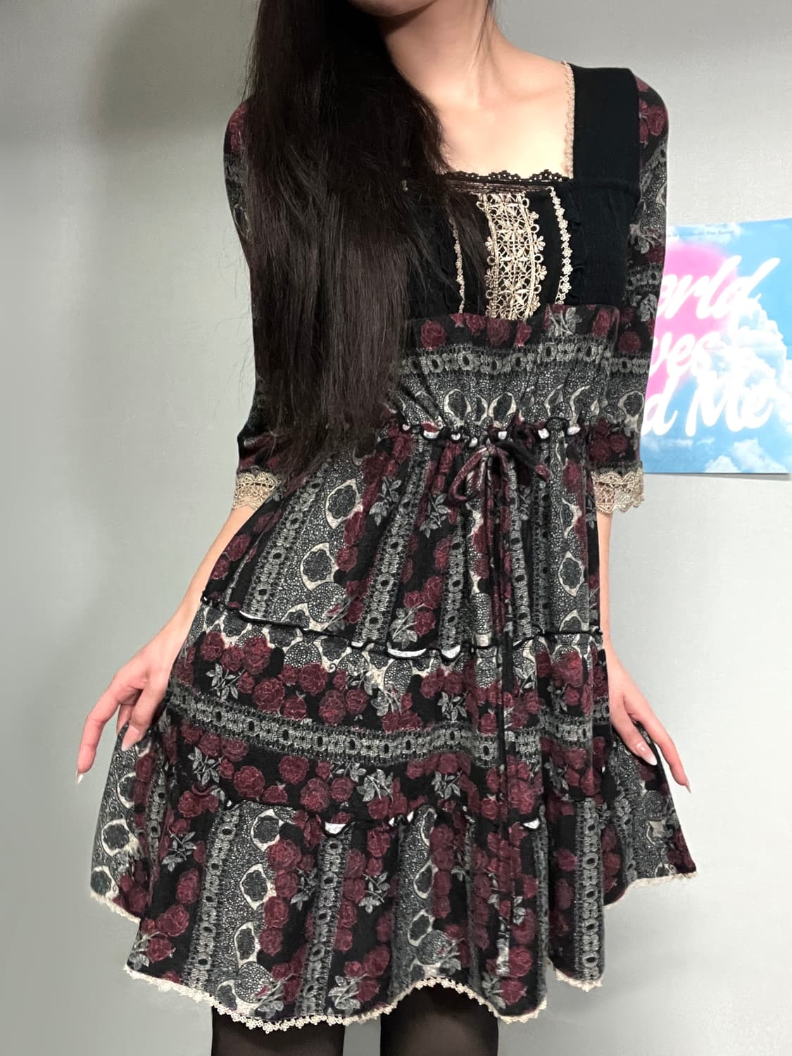 엑시즈팜 엔틱 고스 고딕 레이스 자수 리본 로즈 블랙 원피스  상품이미지1