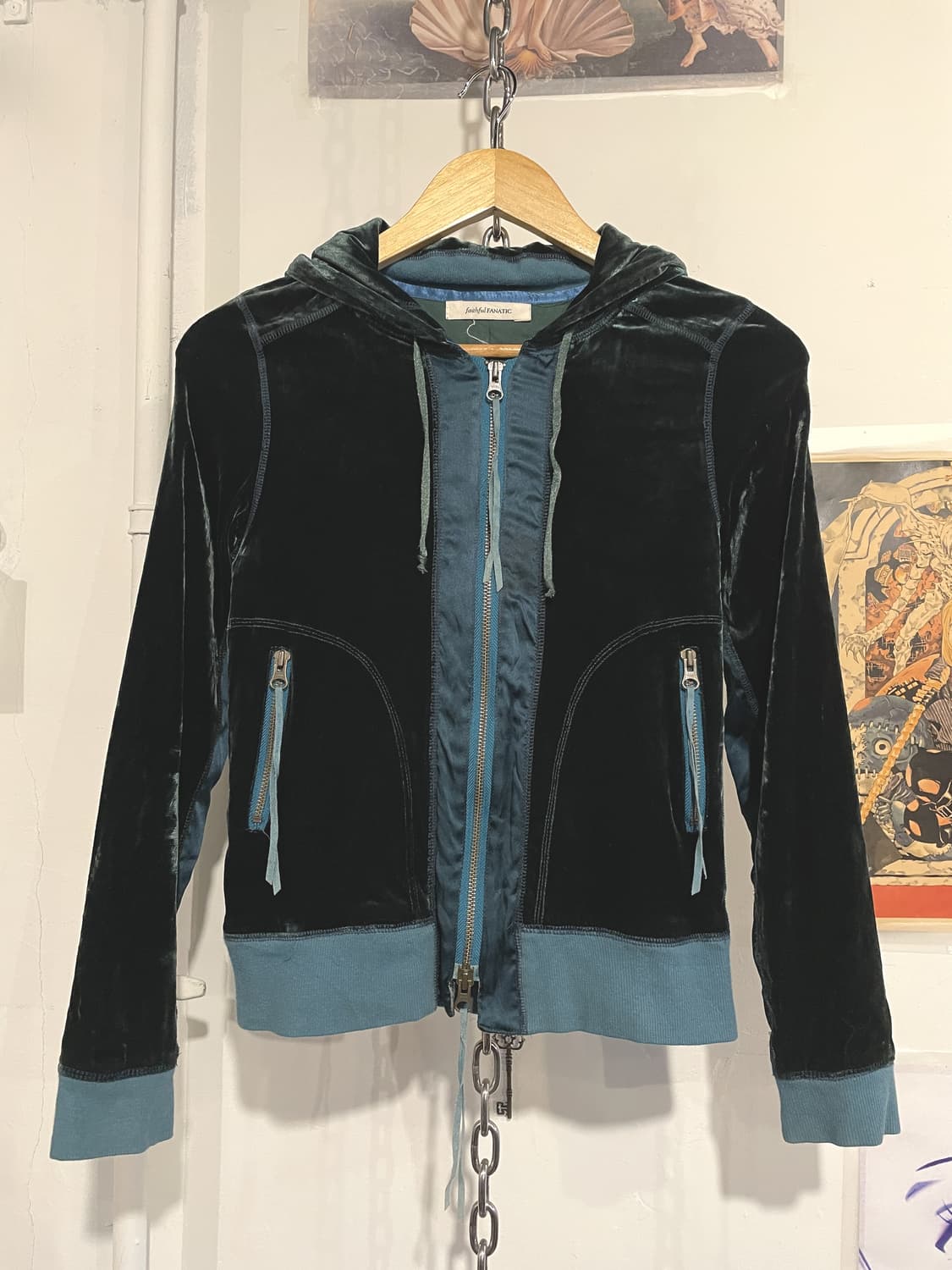 사이드 라인 청록 민트 벨벳 후드집업 갸루 y2k 상품이미지1