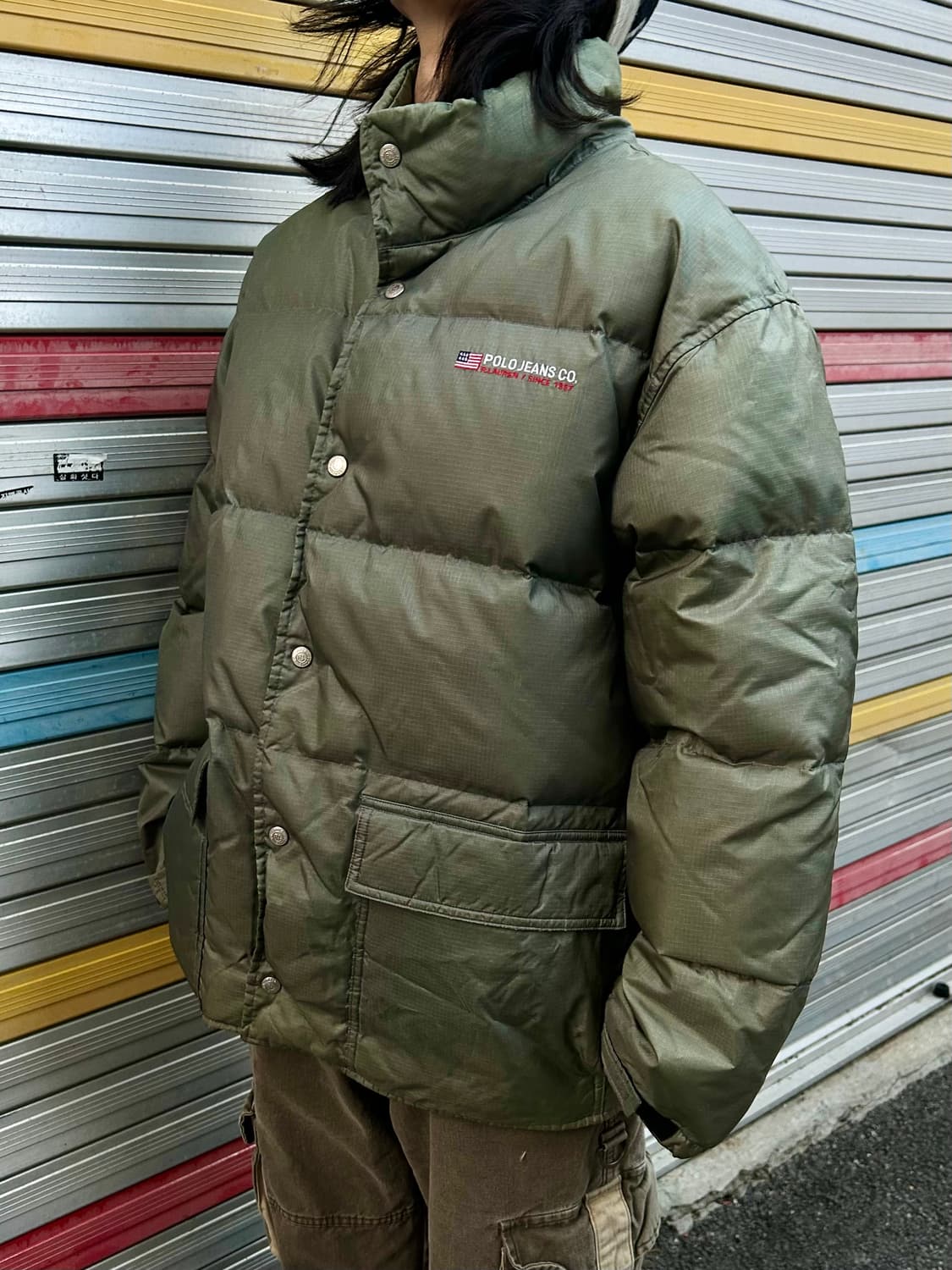 90s 폴로 올리브 그린 다운 푸퍼 자켓 올드스쿨 패딩 M L 상품이미지1