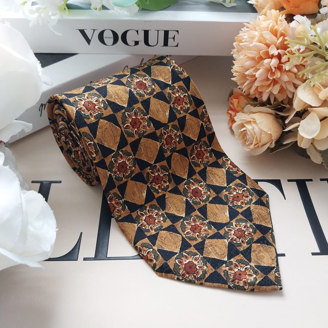발렌티노 브라운 플라워 패턴 넥타이 9.5cm S~A+등급 K2518 상품이미지4