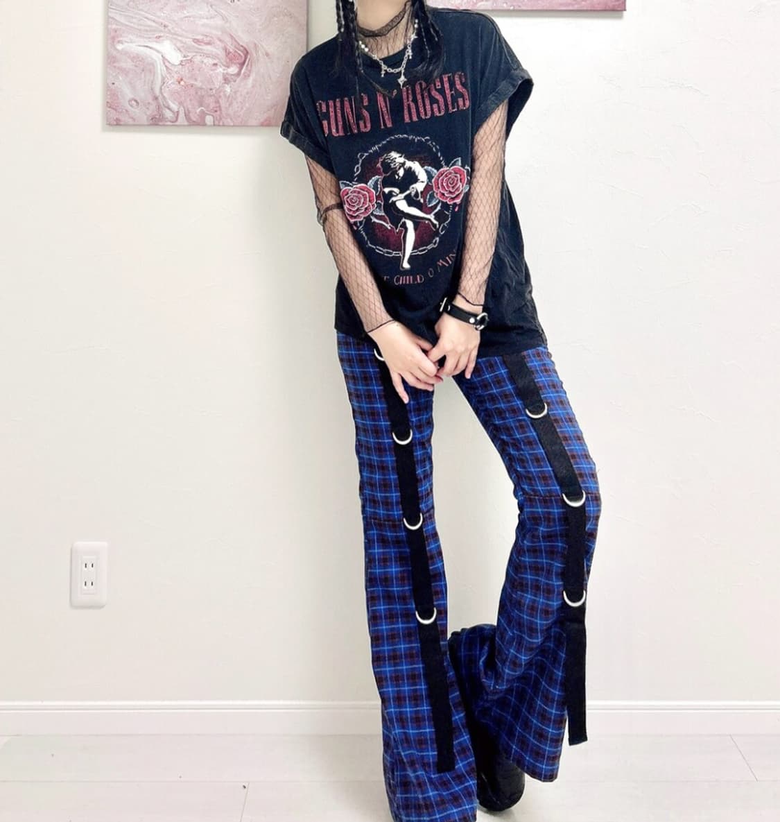 M 새제품) LISTEN FLAVOR 펑크 체크 플레어 부츠컷 바지 여자 상품이미지3