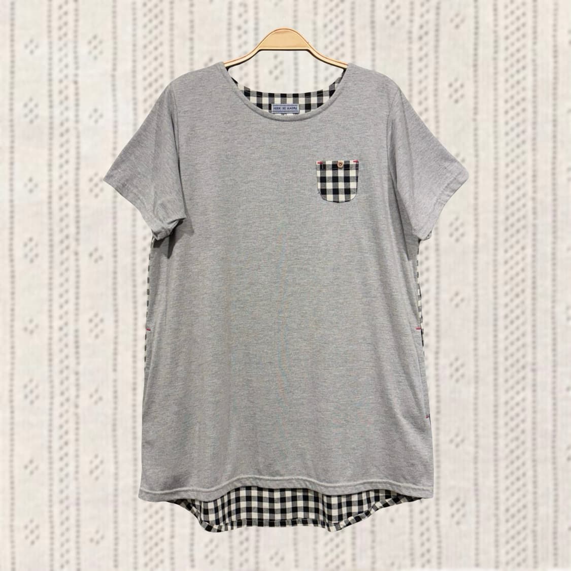 일본 빈티지 코지 그레이 체크 배색 모리 반팔 티셔츠 상품이미지3