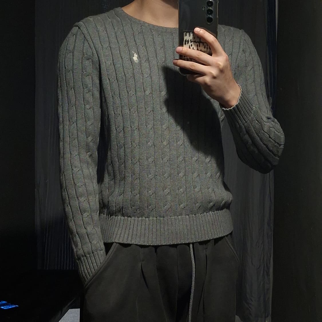 폴로랄프로렌 그레이 화이트포니 케이블 꽈배기 패턴 코튼 라운드넥 니트 S 상품이미지1