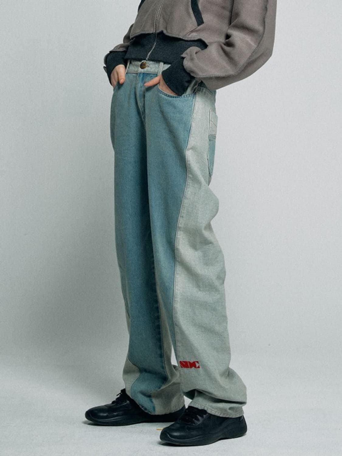 스컬프터 리버스 컬러 블록 배색 와이드 오버핏 데님 팬츠 S  상품이미지2