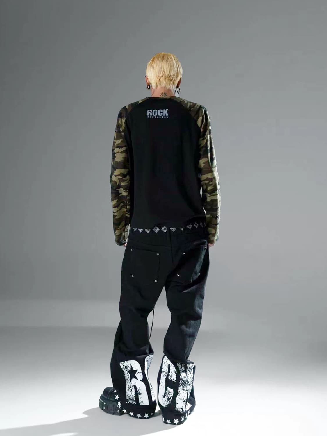 카모 소매 스컬 프린팅 래글런 긴팔 티셔츠 상품이미지2