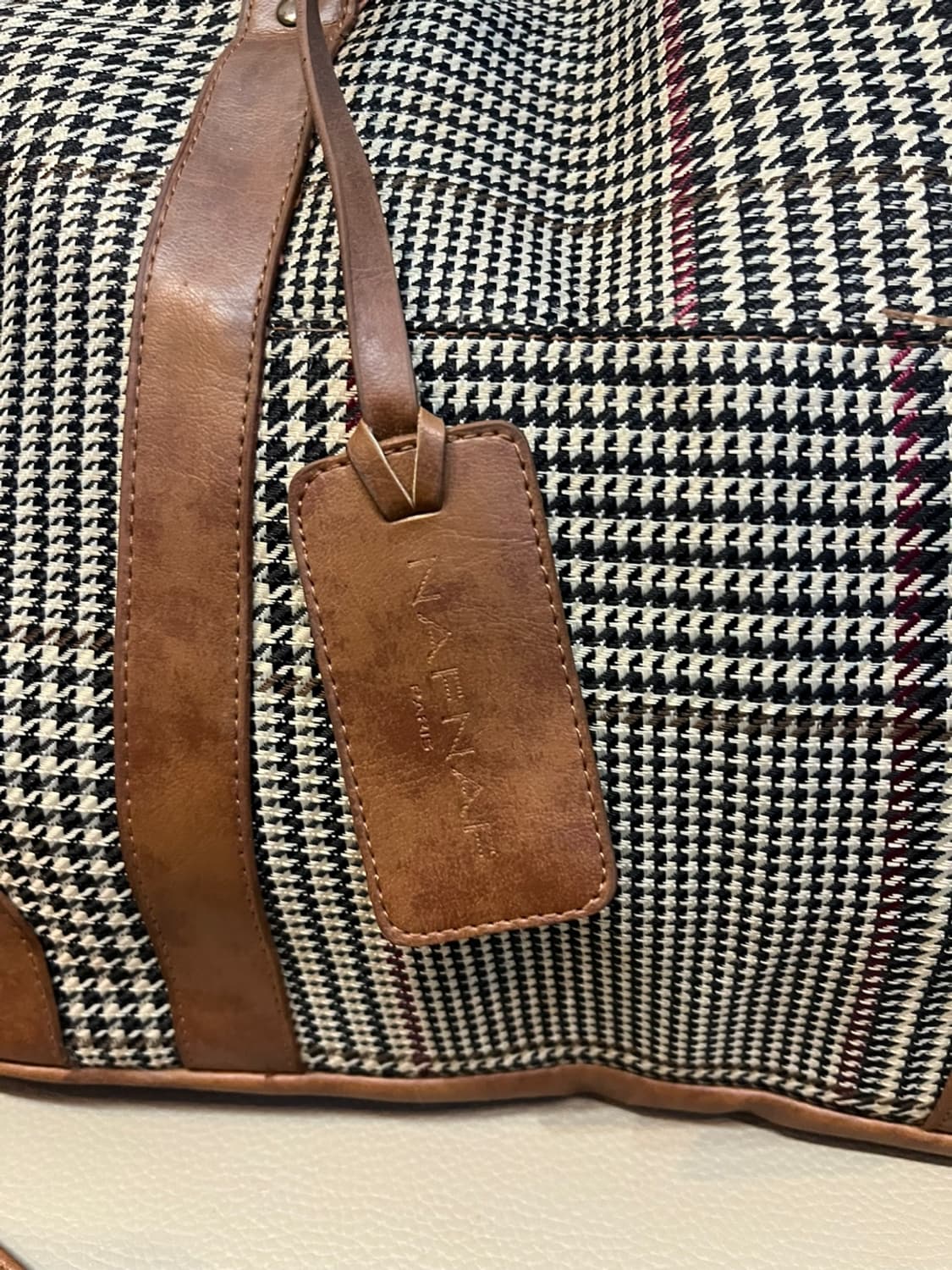 NAFNAF 빈티지 체크 레더 트리밍 크로스 토트백 상품이미지4