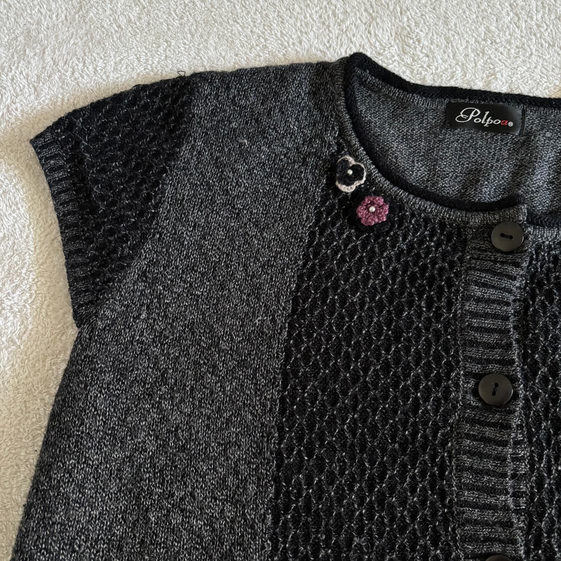 일본빈티지 플라워 자수 차콜 레이어드 반팔 니트 조끼 상품이미지2