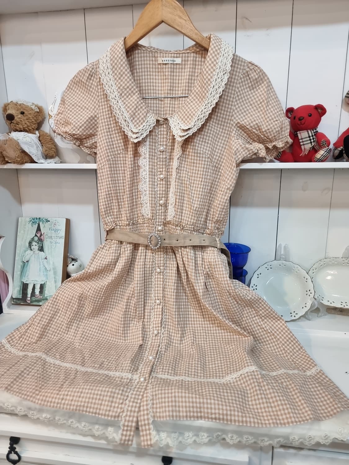 axes femme베이지 체크 레이스카라 원피스 상품이미지3