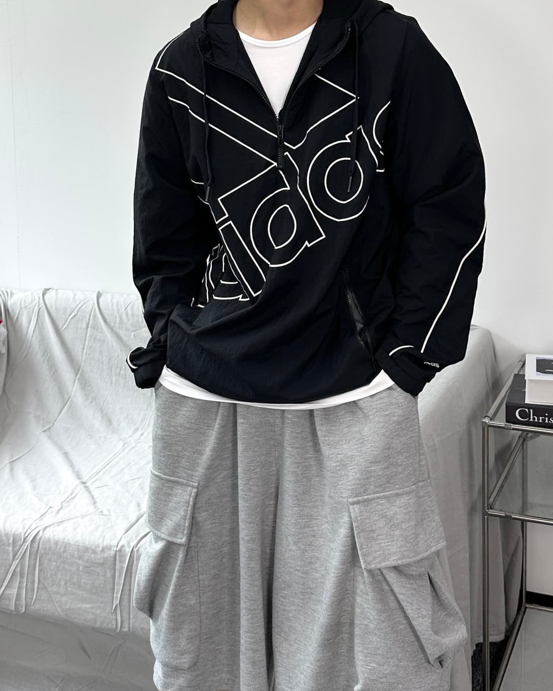 아디다스 빅로고 나일론 반집업 후드 바람막이 XL 상품이미지1