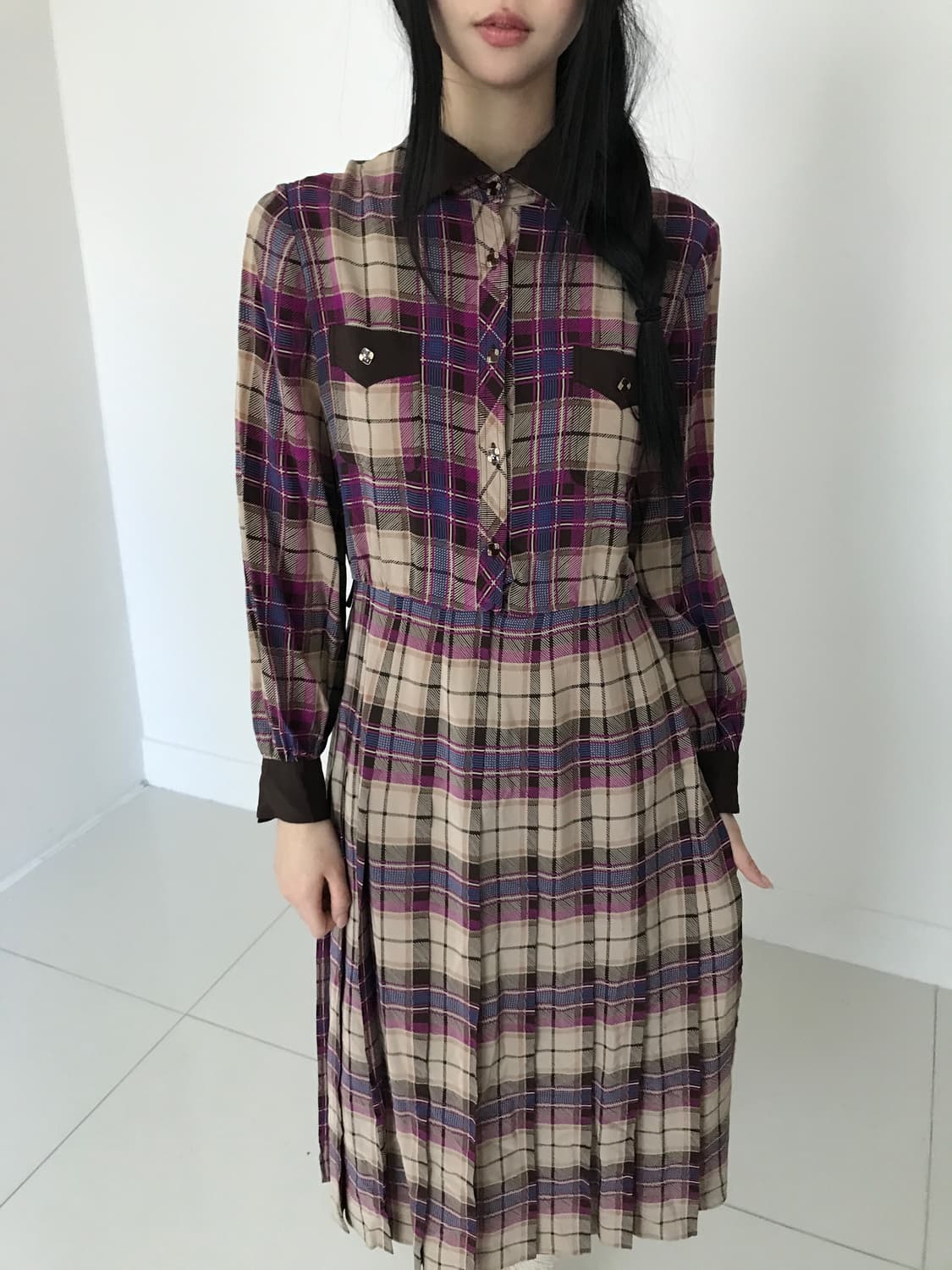 Check collar gold button shirts dress 상품이미지4