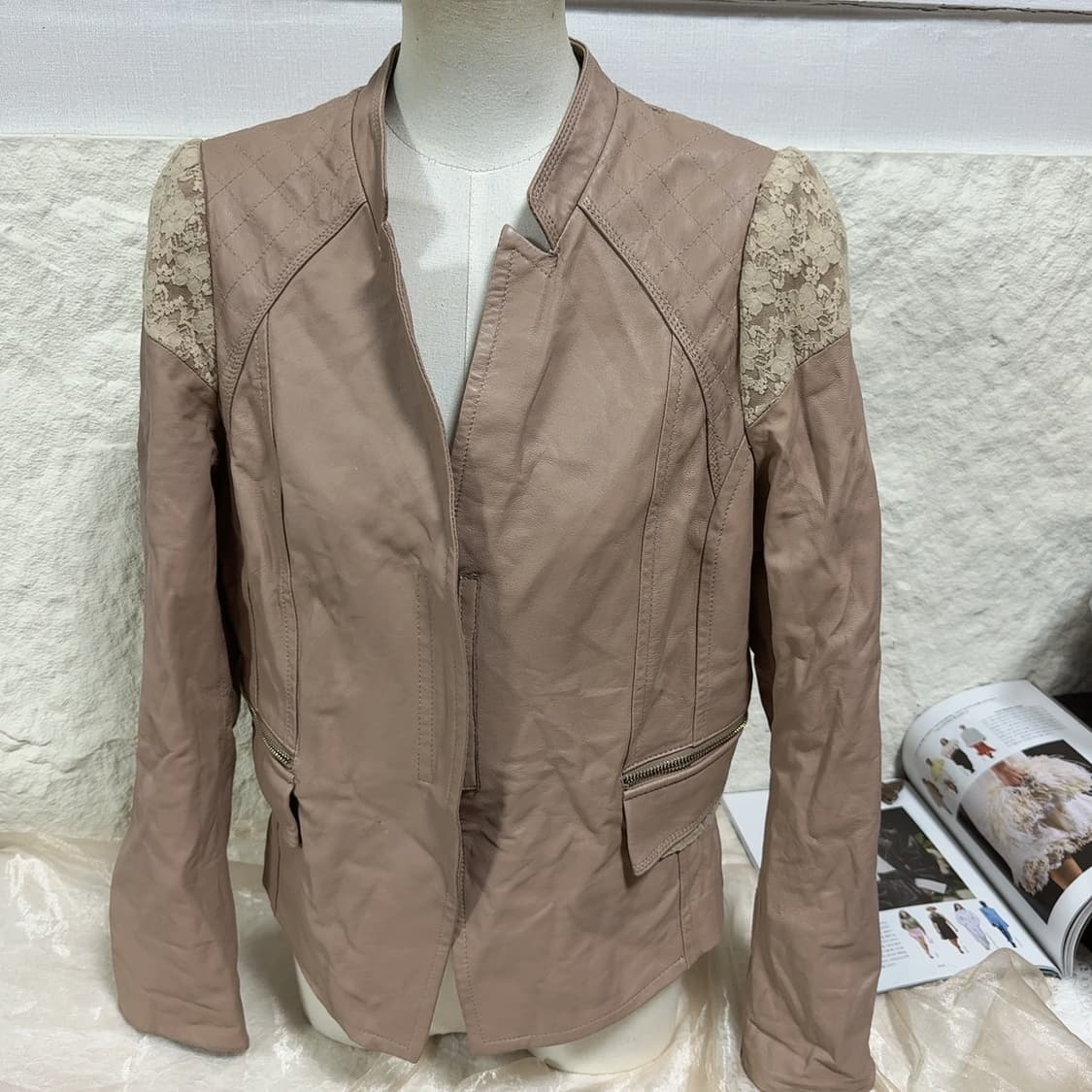 빈티지 로즈 핑크 레이스 라이더 포켓 양가죽지켓 상품이미지2