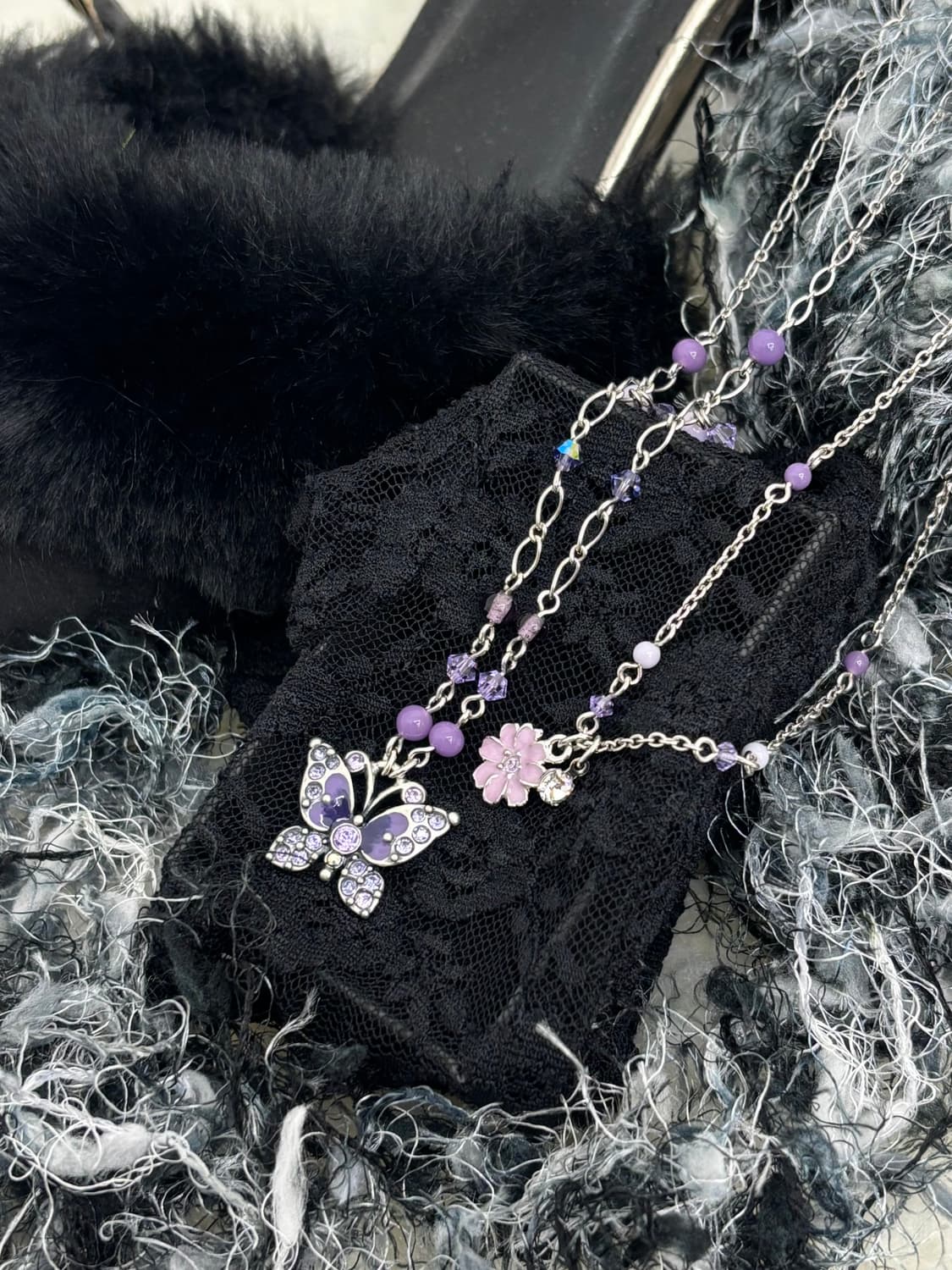 Anna Sui 퍼플 플라워 이중 레이어드 목걸이 상품이미지2