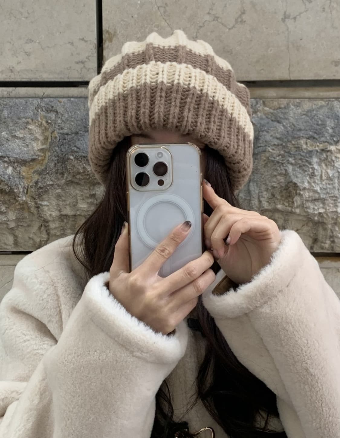 줄무늬 왕골지 배색 니트 비니 모자 (새상품) 상품이미지5