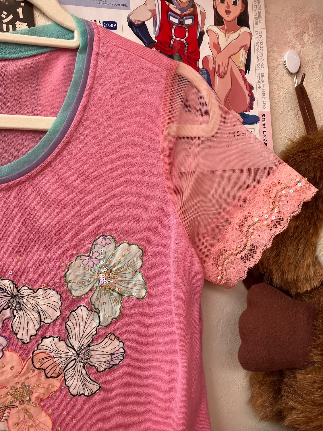 jpn 핑크 비즈 플라워 티셔츠 상품이미지5