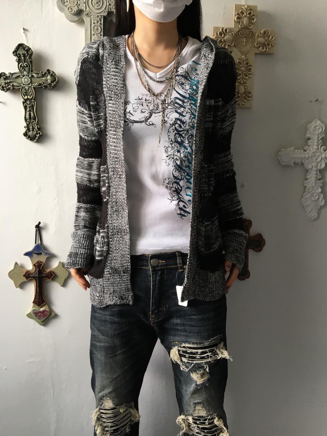 Tied stripe pattern hood cardigan 상품이미지7