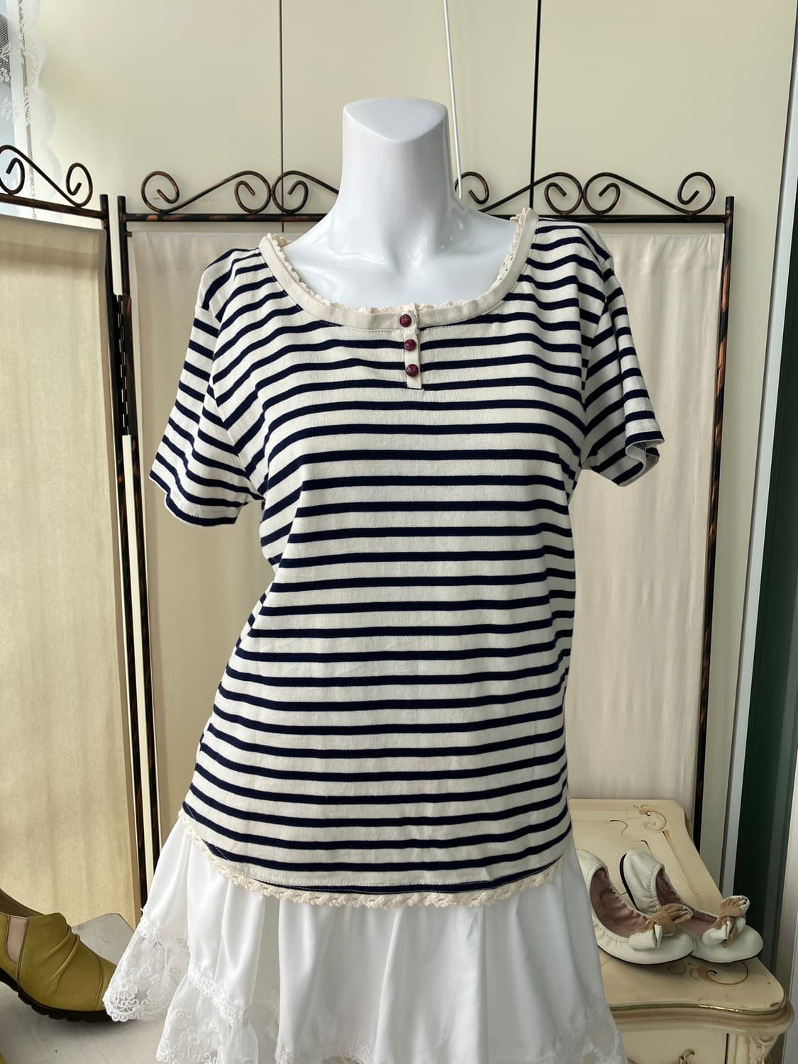  ivory stripe crochet lace half t-shirt 상품이미지2
