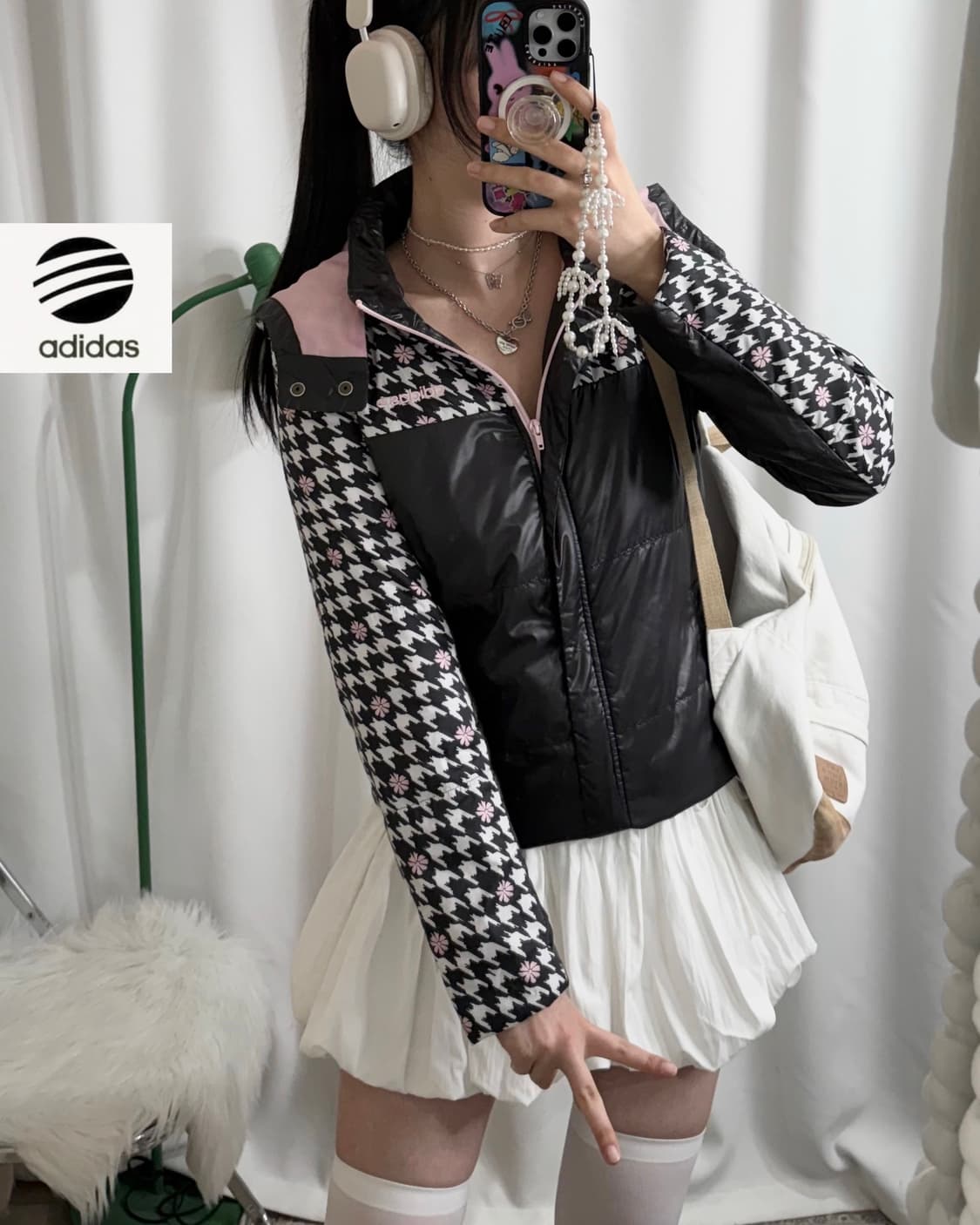 아디다스 블랙 & 핑크 하운드 체크 패딩 자켓 상품이미지1